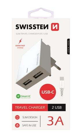 Swissten Punjač 2 x USB 3A + TYPE C WH - Beli