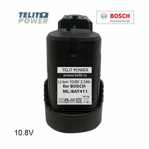 Baterija za ručni alat BOSCH Li-Ion 10.8V 2500mAh&nbsp; BAT411 Konfiguracija osnovne ponude se sastoji od 3 SAMSUNG Li-Ion baterije 3.6 V&nbsp; 2500mAh - INR18650-25R Kompatibilno sa sledećim modelima:BAT411