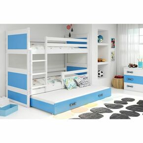 Drveni dečiji krevet na sprat Rico sa tri kreveta - beli - plavi - 160x80 cm