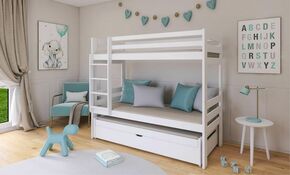 Drveni Dečiji Krevet Na Sprat Lessi Sa Tri Kreveta I Fiokom - Beli - 180*80Cm