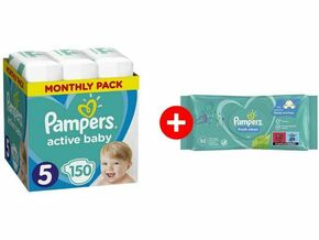 Pampers Active baby Pelene mesečno pakovanje S5 150 + Gratis vlažne maramice Fresh 52