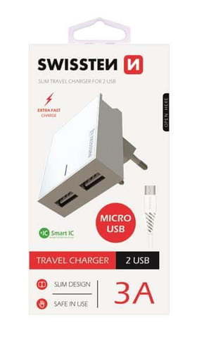 Swissten Punjač 2 x USB 3A + Micro USB kabl 1