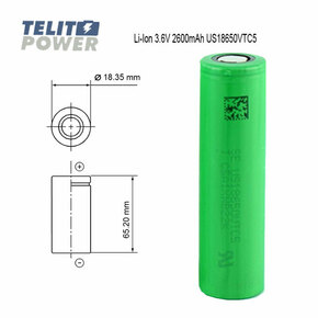 Baterija Li-Ion 3.6V 2600mAh US18650VTC5 SONY VTC5     SPECIFIKACIJE VREDNOSTI   Veličina 18650   Kapacitet (Rated/ min.) 2600mAh   Kapacitet (Tipičan) 2600mAh   Prečnik (sa folijom) 18.35 mm ...