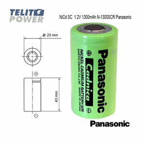 Baterija NiCd SC 1.2V 1300mAh N-1300SCR Panasonic Cadnica    SPECIFIKACIJE VREDNOSTI   Veličina SC   Kapacitet pražnjenja (Procenjen/ min.) 1300 mAh   Kapacitet pražnjenja (Prosečan) 13000 mAh   Prečnik (sa folijom) 22.0+0/-1.0...
