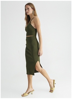 Factory Elastic Waist Green Women's Straight Midi Skirt TAPE