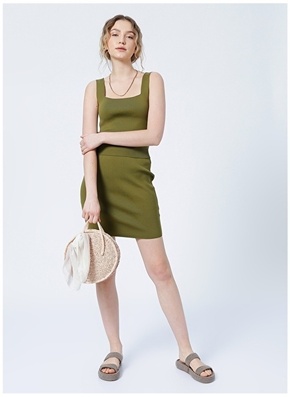 Factory Emila Normal Waist Basic Plain Oil Green Women's Skirt