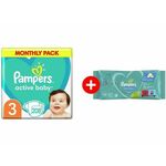 Pampers Active baby Pelene mesečno pakovanje S3 208 + Gratis vlažne maramice Fresh 52
